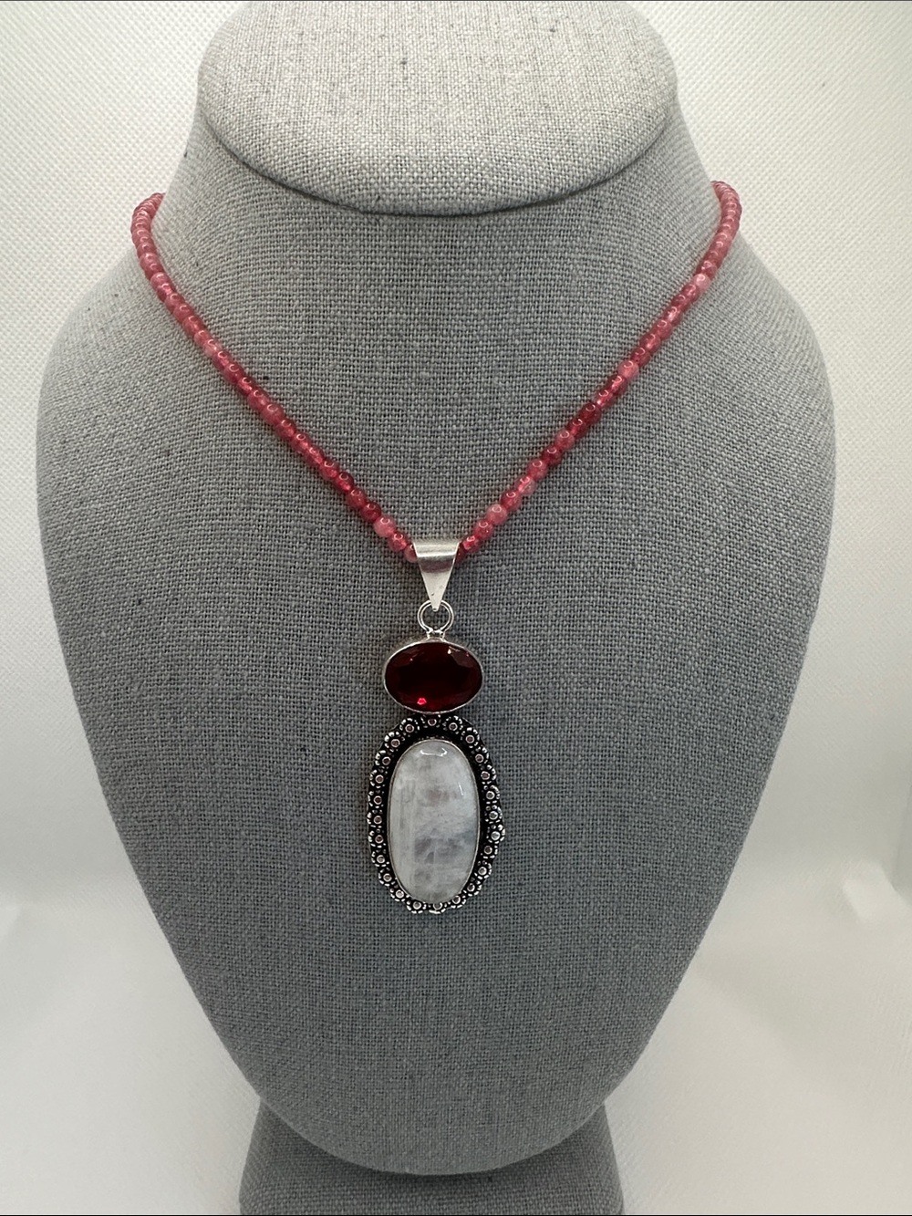 Genuine Moon Stone Pendant and Genuine Garnet Beaded Necklace